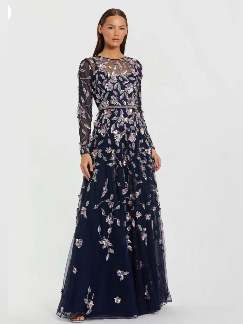 Mac Duggal Navy Embroidered Embellished Long-Sleeve Evening Gown